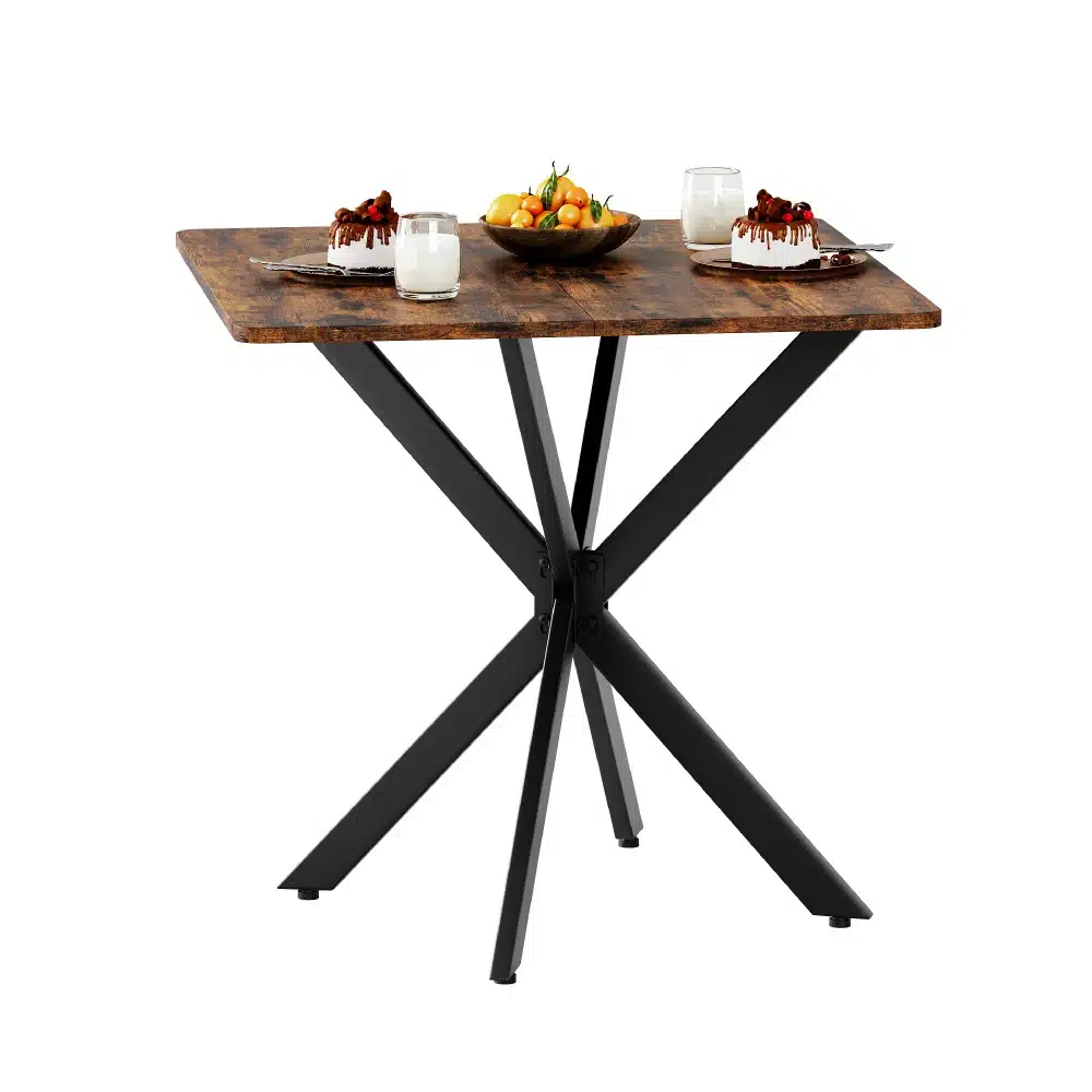 Ümmargune 120 cm vintagepruun söögilaud mustade metalljalgadega, stiilselt kaetud puuviljade ja magustoitudega. Tugev ja vastupidav disain sobiva kontrastse puidutooni ja elegantsete jalgadega.
