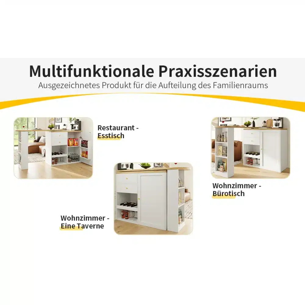 Baarilaud - köögikapp sahtlite, riiulite ja liuguksega erinevates ruumides. Valged ja puidust detailid, palju hoiustamisruumi köögitarvikutele.