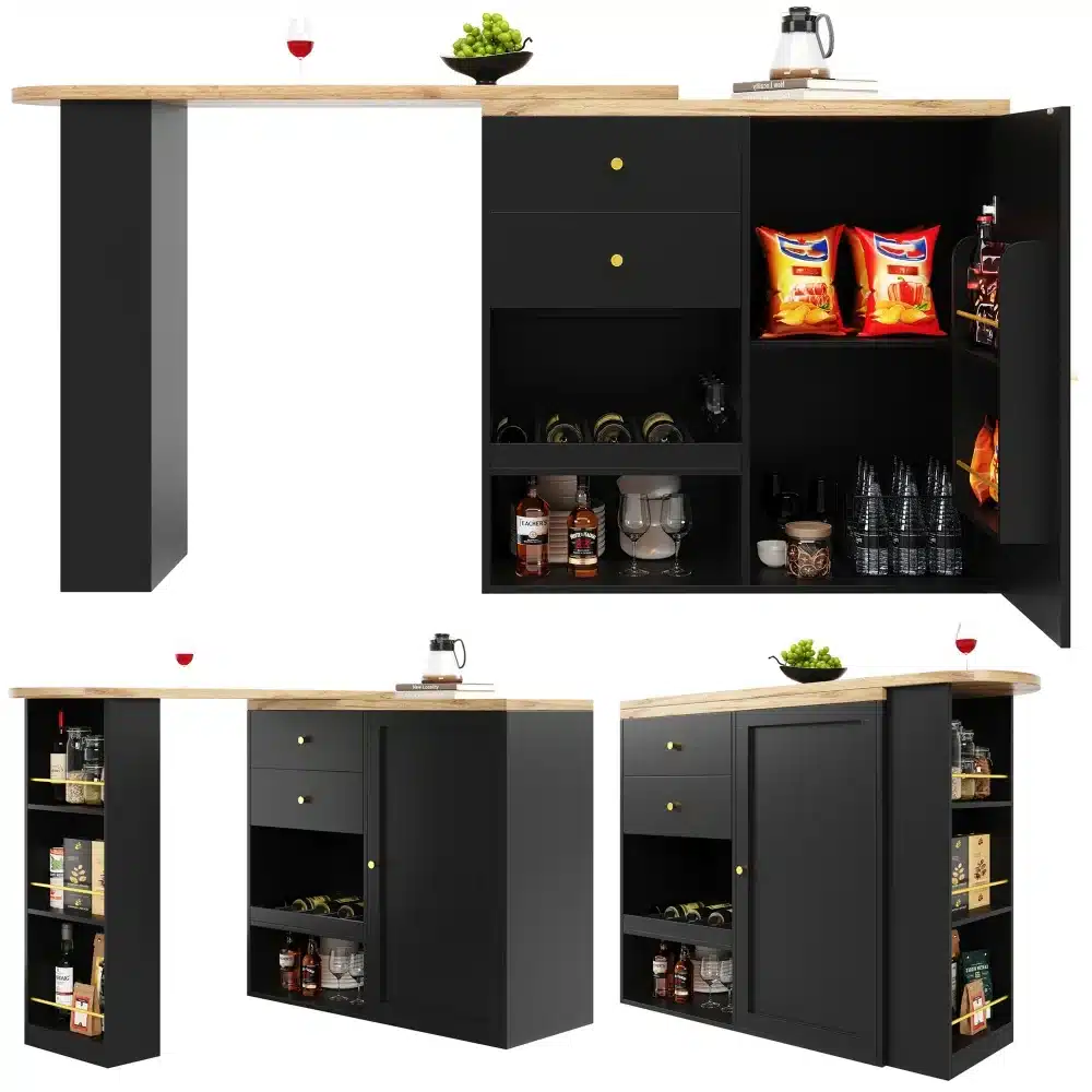 Baarilaud - köögikapp sahtlite, riiulite ja liuguksega, kus mustad ja naturaalsest puidust pinnad loovad elegantse disaini. Kompaktne ja funktsionaalne lahendus kodu köögimööbliks, sobib suurepäraselt jookide ja suupistete hoiustamiseks.