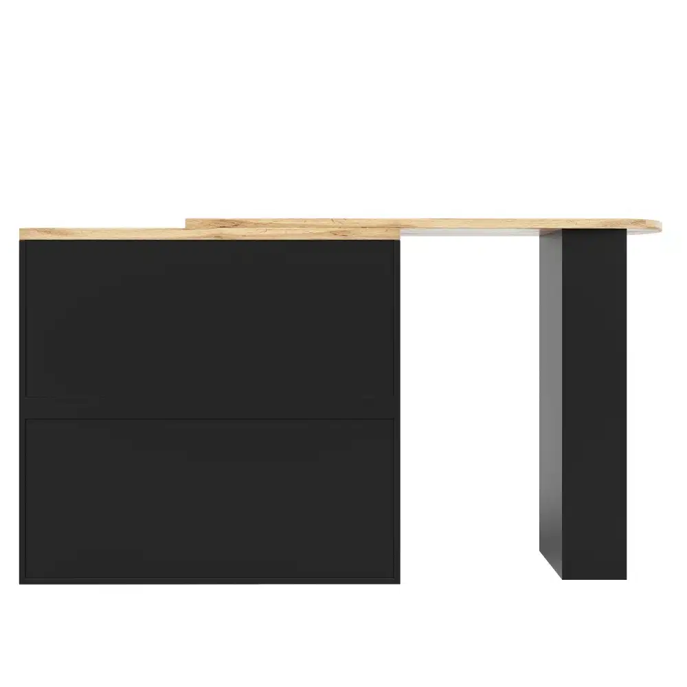Must baarilaud - köögikapp sahtlite, riiulite ja puidust liuguksega, minimalistlik disain, kaasaegne esteetika heledal taustal.