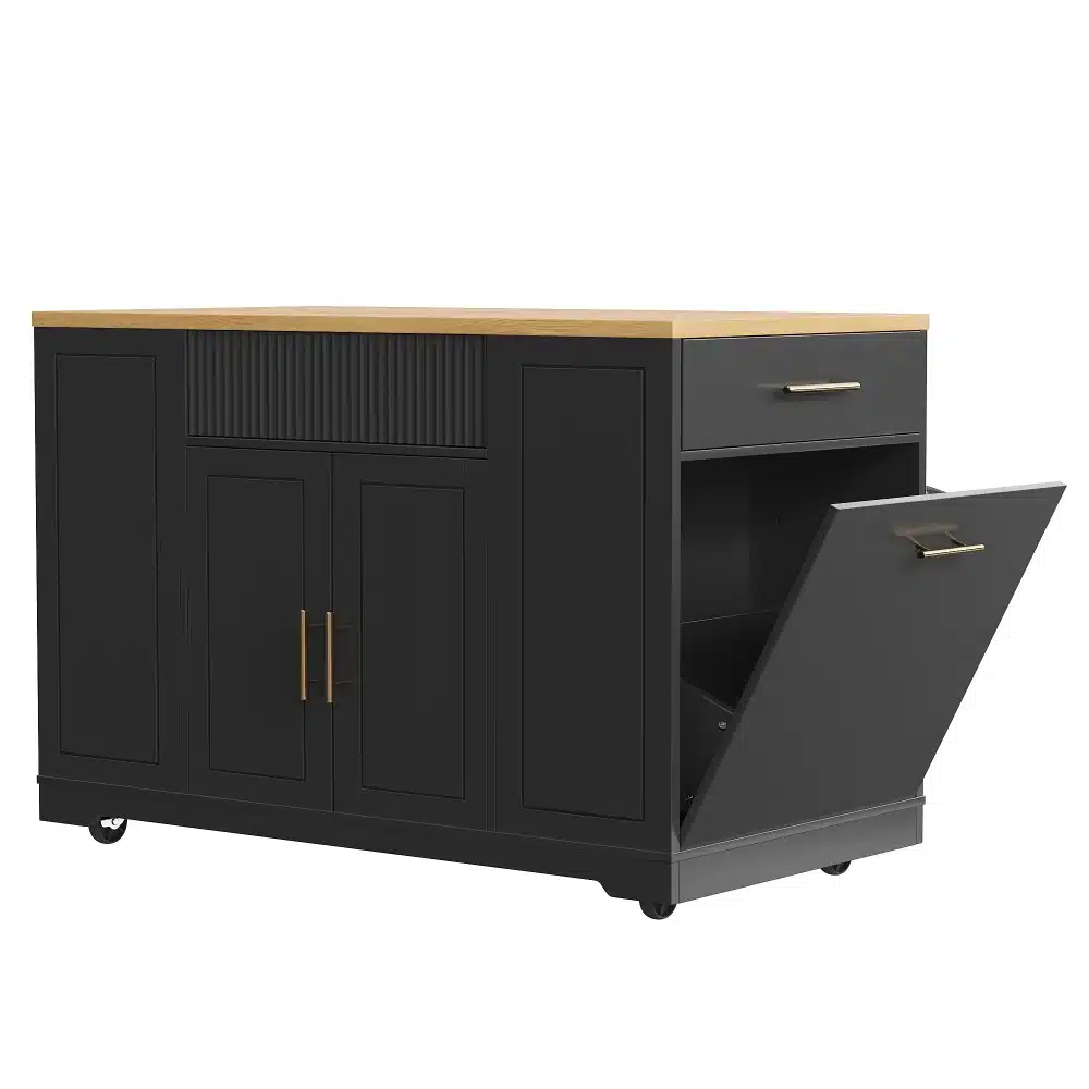 Must köögikapp ratastel koos prügikastisahtli, avatud riiulite ja puidust tasapinnaga. Elegantse disainiga kapp sobib ideaalselt kaasaegsesse kööki.