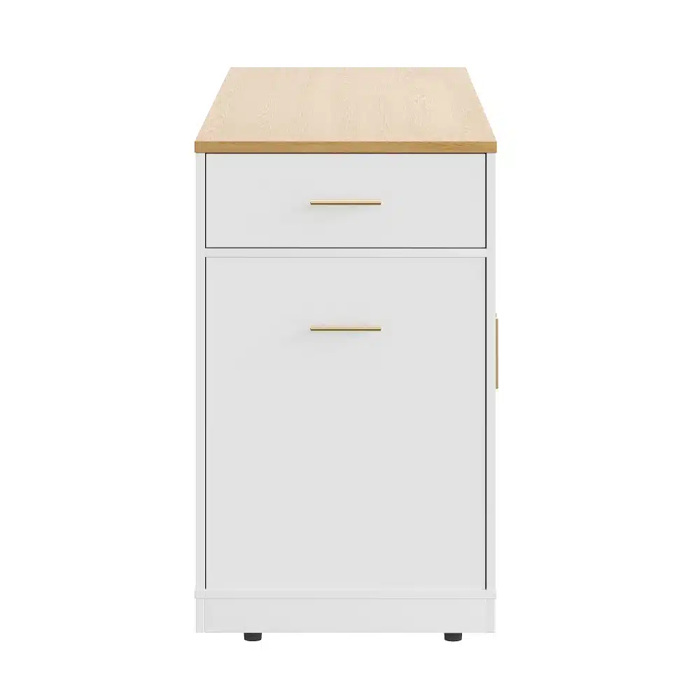 Valge köögikapp ratastel, millel on puidust tasapind, prügikastisahtel, ja sahtlid. Elegantne ja ruumikas disain sobib igasse kööki, lisades praktilist hoiuruumi.