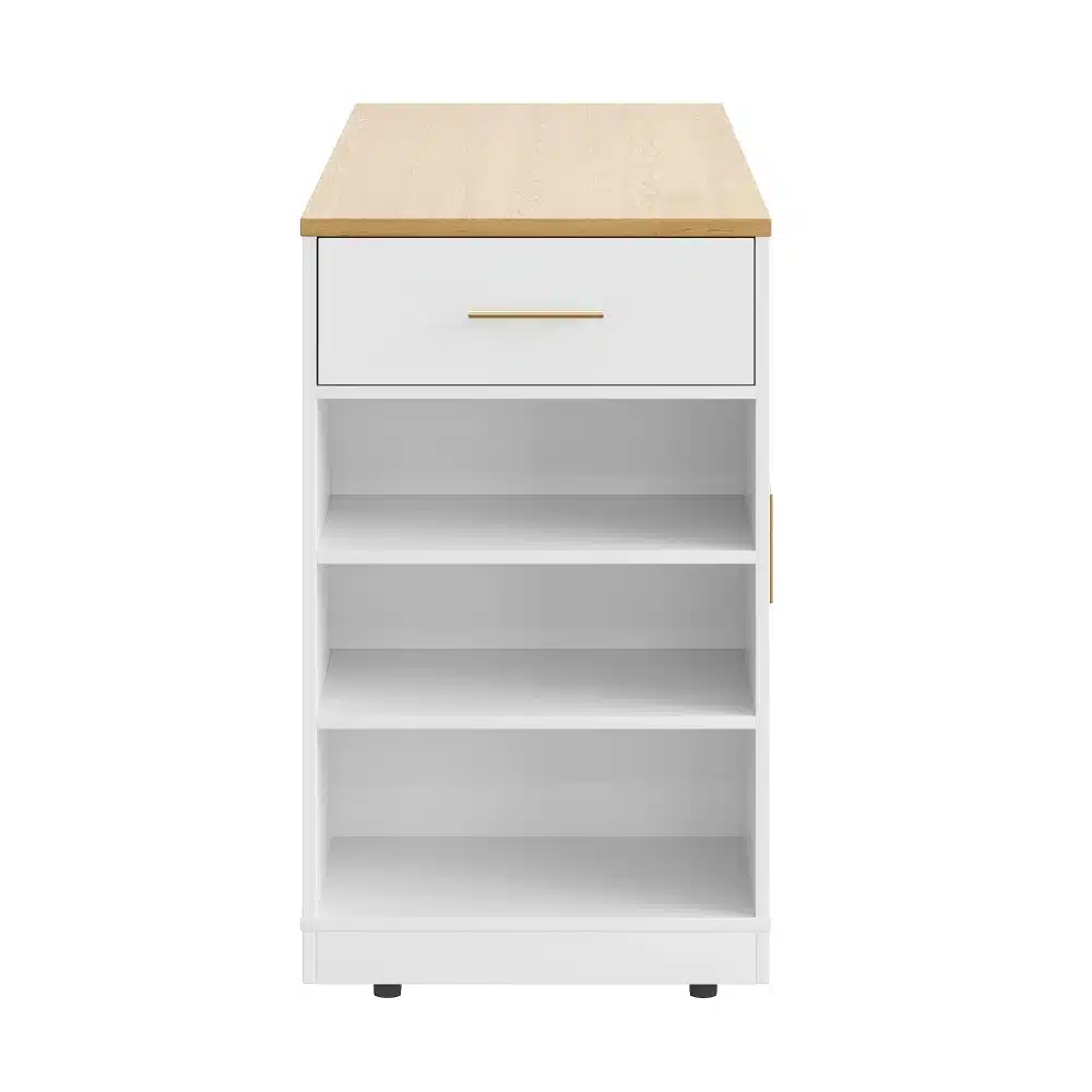 Valge köögikapp ratastel, prügikastisahtli, riiulite ja sahtlitega; puitvärvi tasapinna peal minimalistlik disain.
