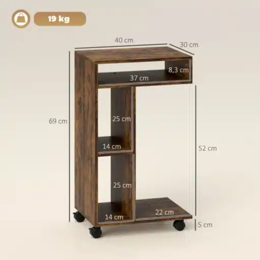 Diivanilaud ratastel 3 sahtliga | E-pood Tootemaailm Diivanilaud ratastel 3 sahtliga, pruun puitmaterjal, mõõtudega 40x69x30 cm, ratastega jalgadel, hele taust.
