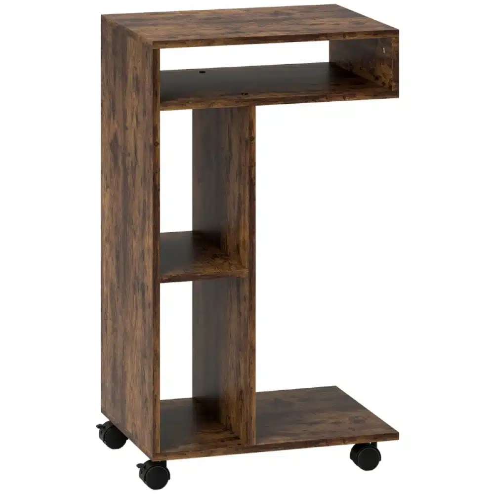Rustic brown wooden coffee table on wheels with three drawers and a smooth finish, arranged on a plain white background.