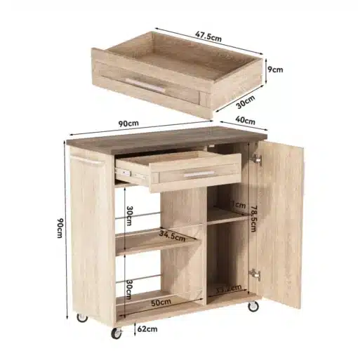 Köögikäru puidust tööpinnaga ja ratastega, 90x62x90 cm | E-pood Tootemaailm Puidust tööpinnaga köögikäru, mis on varustatud ratastega, avatud sahtliga ja erinevate riiulitega. Väikses kirjas on märgitud kapi ja sahtli mõõtmed. Taust on neutraalne, keskendudes täielikult köögimööbli omadustele.