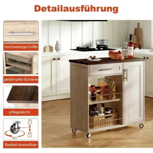 Köögikäru puidust tööpinnaga ja ratastega, 90x62x90 cm | E-pood Tootemaailm Köögikäru puidust tööpinnaga ja ratastega, 90x62x90 cm, helepruuni kapi ja tumeda puidust tööpinnaga, köögis, millel on valge sein ja parkettpõrand. Kärul on metallist käepidemed ja sel on riiulid erinevate purkide hoidmiseks.