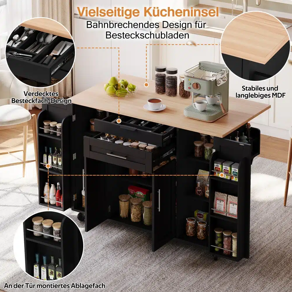 Köögisaared musta kapi, sahtlite ja pikendatava töötasapinnaga, millel on vürtsiriiul. Puitmaterjalist pind ja MDF konstruktsioon annavad elegantse välimuse tänapäevases köögis.
