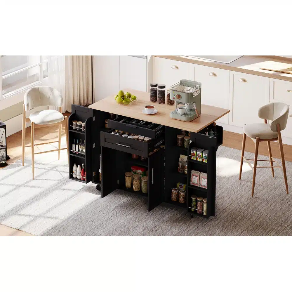 In contemporary kitchen space, a versatile kitchen island with extendable wooden countertop, black cabinets, drawers, and built-in spice racks accommodates various kitchen essentials and utensils.