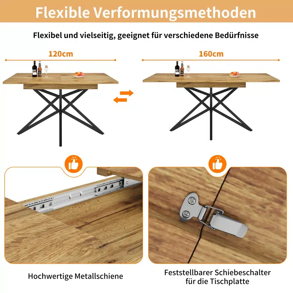 Stiilne ja kvaliteetne pikendatav söögilaud koos metallist mehhanismidega. Laud on puidutoonis ja laiendatav 120cm kuni 160cm. Metallist jalad toetavad kindlalt lauda.