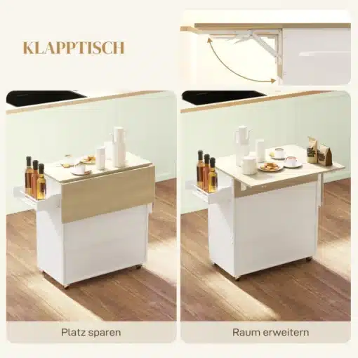 Ratastel köögikapp kokkupandava tööpinna ja sahtliga | E-pood Tootemaailm Pilt ratastel köögikapist, millel on kokkupandav tööpind ja sahtel. Kapp on valge, puidust pealispinnaga, mis on osaliselt laiendatud. Kapi paiknemine köögis tumedal parkettpõrandal. Sahtlis on joogipudelid ja köögitarbed.
