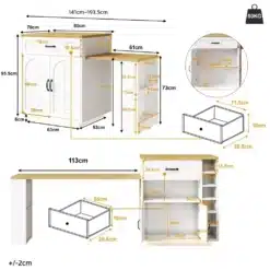 Diagrammil on köögikapp LED valgustuse ja väljatõmmatava lauaga, millel on näha täpsed mõõtmed. Kapp on valget värvi puidust konstruktsiooniga, millel on mitu panipaika ja sahtlit. Kõrval on väljatõmmatav laud naturaalsest puiduimitatsiooniga pinnast.