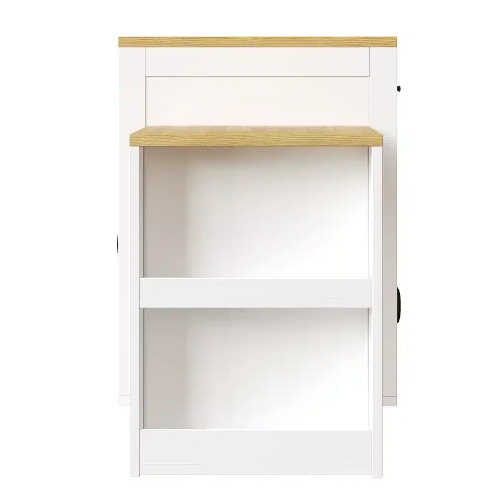 Valge köögikapp loodusliku puidu imitatsiooniga lauaga, komplektis LED valgustus, minimalistlik disain.