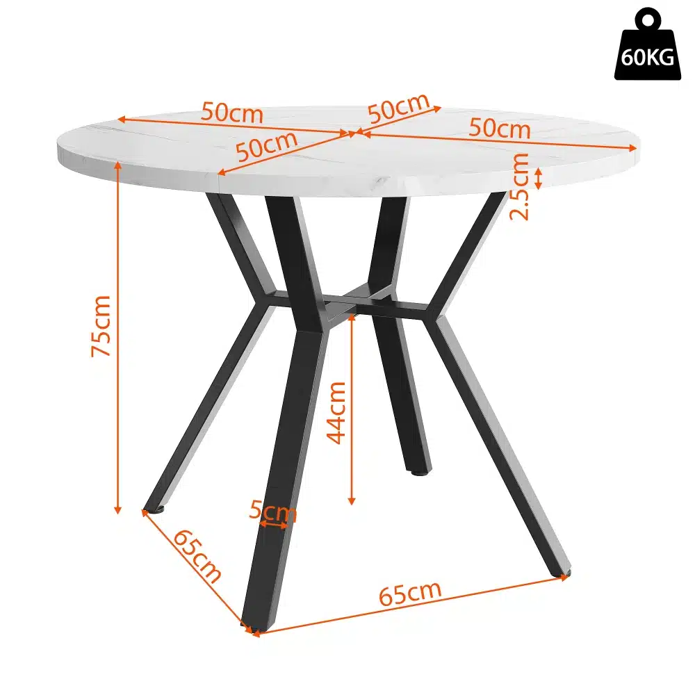 Ümmargune söögilaud marmorlauaga ja metallist jalgadega. Lauaplaadi läbimõõt on 50 cm, kõrgus 75 cm. Elegantse viimistlusega marmor ja kaunid mustad metalljalad sobivad igasse koju.