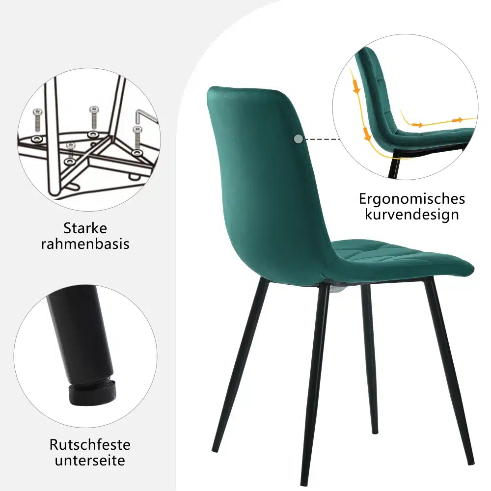Ümmargune söögilaud marmorlauaga ja 4 tooli, mille toolidel on tugev raam, libisemisvastased jalad ja ergonoomiline kumer disain tumehallil taustal.