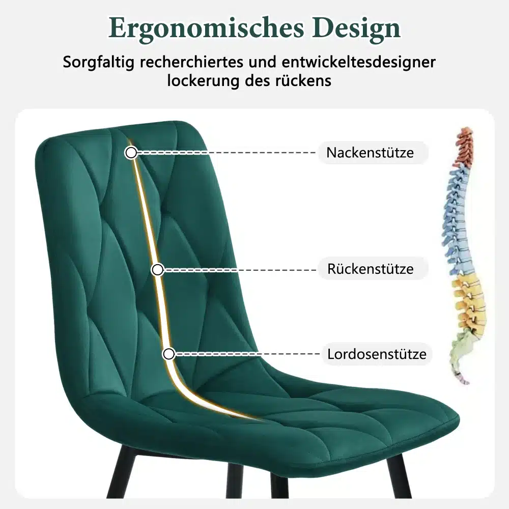 Roheline tool, millel on ergonoomiline disain, pakkudes selja- ja kaelatoed. Taustal selgroo skemaatiline kujutis, näidates seljatoe asukohti.