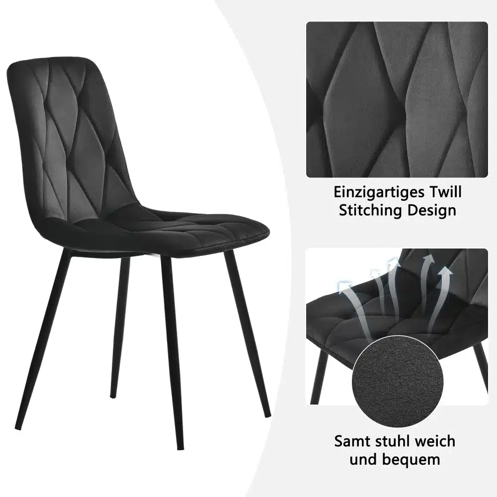 Ümmargune söögilaud marmorlauaga ja 4 tooli, üks tool, must polster unikaalse tikandiga ja metallraamiga, esitleb mugavust ning modernset disaini, neutraalses taustas.