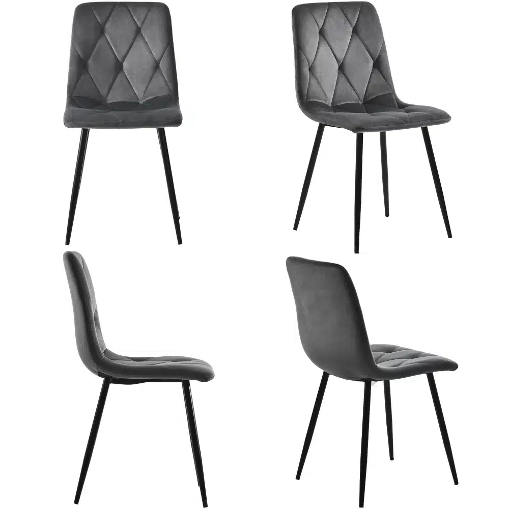 Neli elegantset halli tooli, mis sobivad ümmarguse söögilaua marmorlauaga. Toolidel on mustad metallist jalad ja pehme hall polster, mis tagab mugavuse ja stiili.