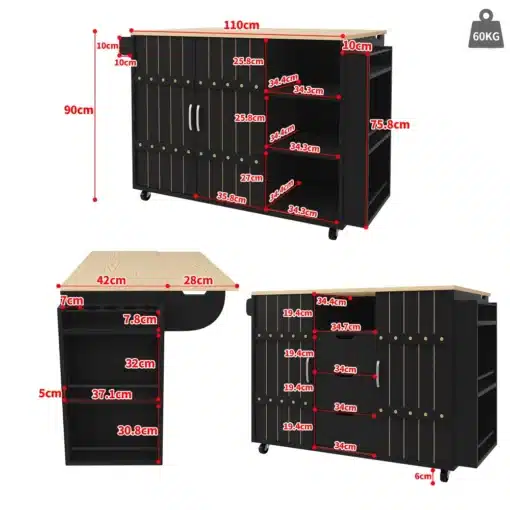 Must köögikapp ratastel, sahtlite, riiulite ja puidust tööpinnaga. Kapil on mitu riiulit ja sahtlit mõõtudega, mis on joonistatud pildile koos üldmõõtudega. Taust on valge, rõhutades kapi funktsionaalsust ja disaini.