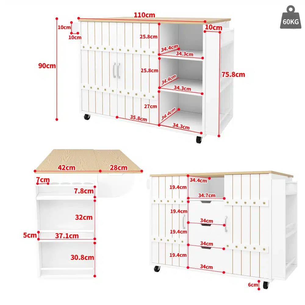 Valge köögikapp ratastel, varustatud sahtlite ja avatud riiulitega, taustal valge sein. Kapp on mõõtudega: laius 110 cm, kõrgus 90 cm, sügavus 34.4 cm. Tööpind on helepruunist puiduimitatsioonist materjalist.