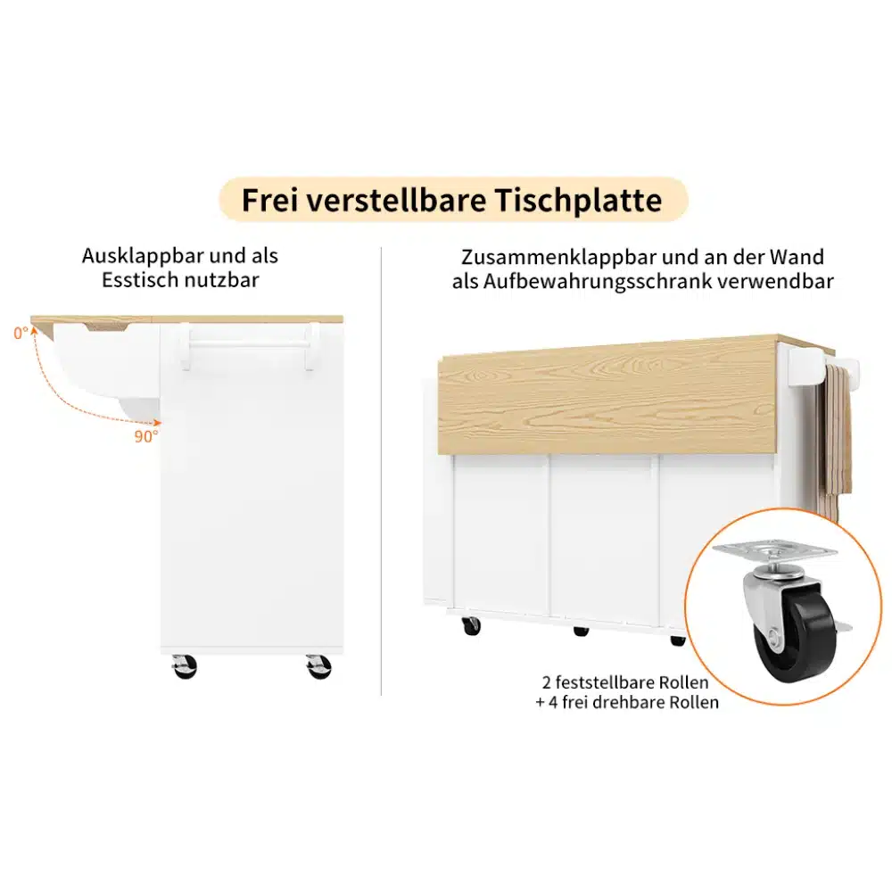 Valge köögikapp ratastel, millel on kokkuvolditav puidust tööpind, erinevad sahtlid ja riiulid, asetatud valge taustal. Vasakul on näha tööpinna detailse avanemise nurga illustratsioon ja paremal kapi külje vaade.
