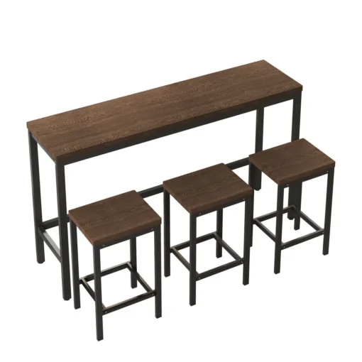 Pikk, puidust pruuni tooniga söögilaud koos kolme vastava taburetiga, metallist raamiga ja minimalistliku disainiga valgel taustal.