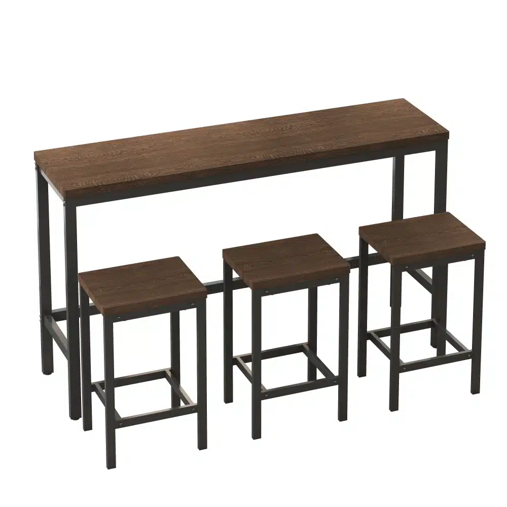 Pildil on näha elegantne piklik söögilaud, millel on kaunitel metallraamidel kolm taburetti. Söögilaua pind on valmistatud tumedast puidust, mis loob kaasaegse ja stiilse välimuse, sobides hästi igasse kööki või söögituppa.