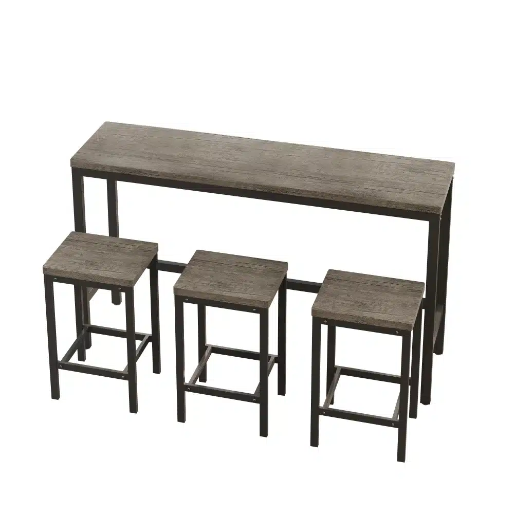Tumeda puidu viimistlusega piklik söögilaud koos kolme taburetiga. Komplektil on minimalistlik disain ja see sobib ideaalselt kitsastesse söögitubadesse. Metallitugi tagab laua ja taburettide stabiilsuse.