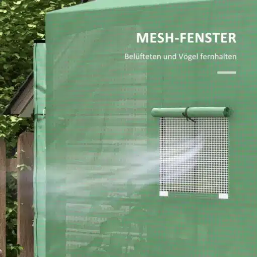 Kasvuhoone UV-kaitsega kahe ukse ja aknaga 200x80x200 | E-pood Tootemaailm Roheline kasvuhoone, millel on mesh-aknad UV-kaitsega, kahed uksed ja avatud aknad, mõõtmetega 200x80x200, taustal on puittara.