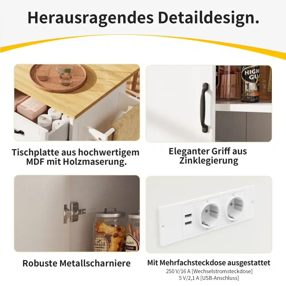 Detailvaade erinevatest osadest: ratastel köögikapp veinihoidjaga ja eemaldatav serveerimisalus, millel on puidumustriga MDF-tööpind, tsinkisulamist käepidemed, tugeva konstruktsiooniga metallhinged ja integreeritud pistikupesa.