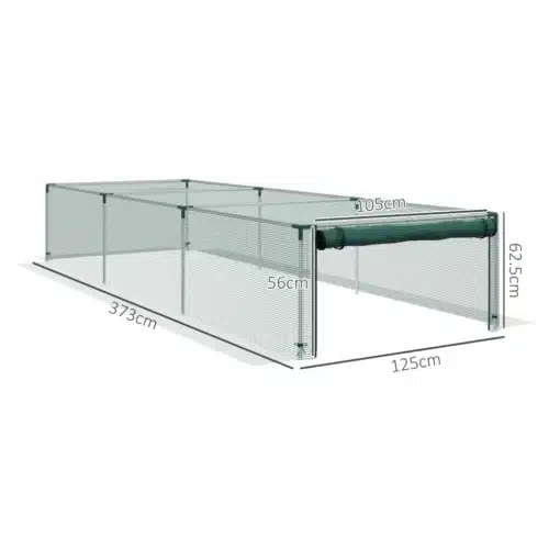 Taimede kaitsetelk, lukuga uks, 1,25x3,73m, aiavõrk | E-pood Tootemaailm Roheline aiavõrgust valmistatud taimede kaitsetelk, mõõtudega 1,25x3,73 m, mille lukuga uks pakub lihtsat juurdepääsu. Telk on paigutatud valgel taustal, esiplaanil nähtavad mõõtmed.