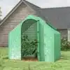 Kasvuhoone aknaga, PVC katte ja terasraamiga 180x100x168 cm | E-pood Tootemaailm Roheline kasvuhoone aknaga, PVC katte ja terasraamiga. Kasvuhoone on paigutatud muruplatsile puumaja taustal, täidetud lopsakate taimede ja läbipaistva uksega, mis laseb valgust sisse.