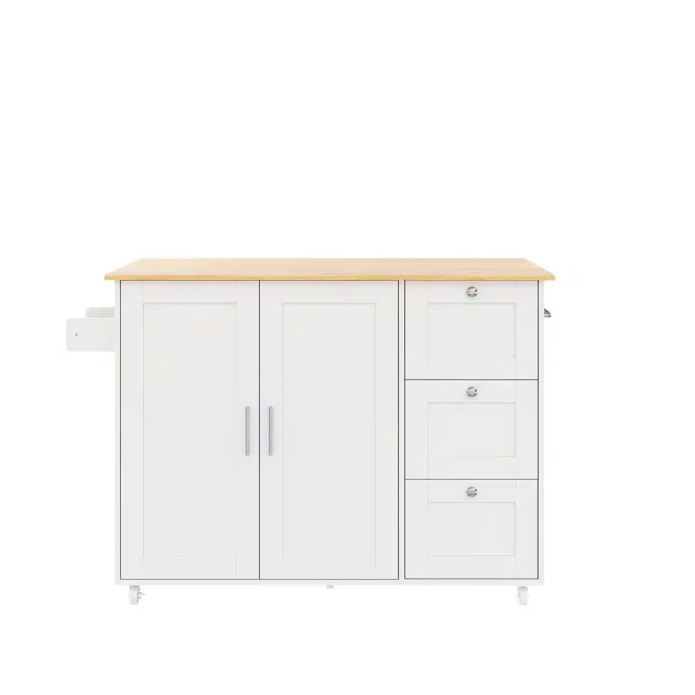 Valge ratastel köögikapp tammepuust tööpinnaga ja kolme sahtliga, minimalistlik disain ja praktiline säilitamine valgel taustal.