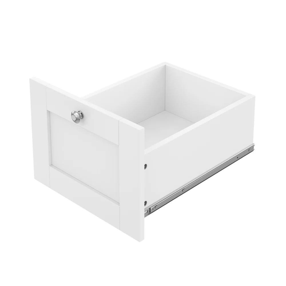 Valge sahtli moodul, mis kuulub ratastel köögikapp tammepuust tööpinnaga ja kolme sahtliga komplekti. Moodul on avatud, esitades elegantse ja modernse disaini, ning on paigaldatud metallsiinidele, mille taust on neutraalselt valge.
