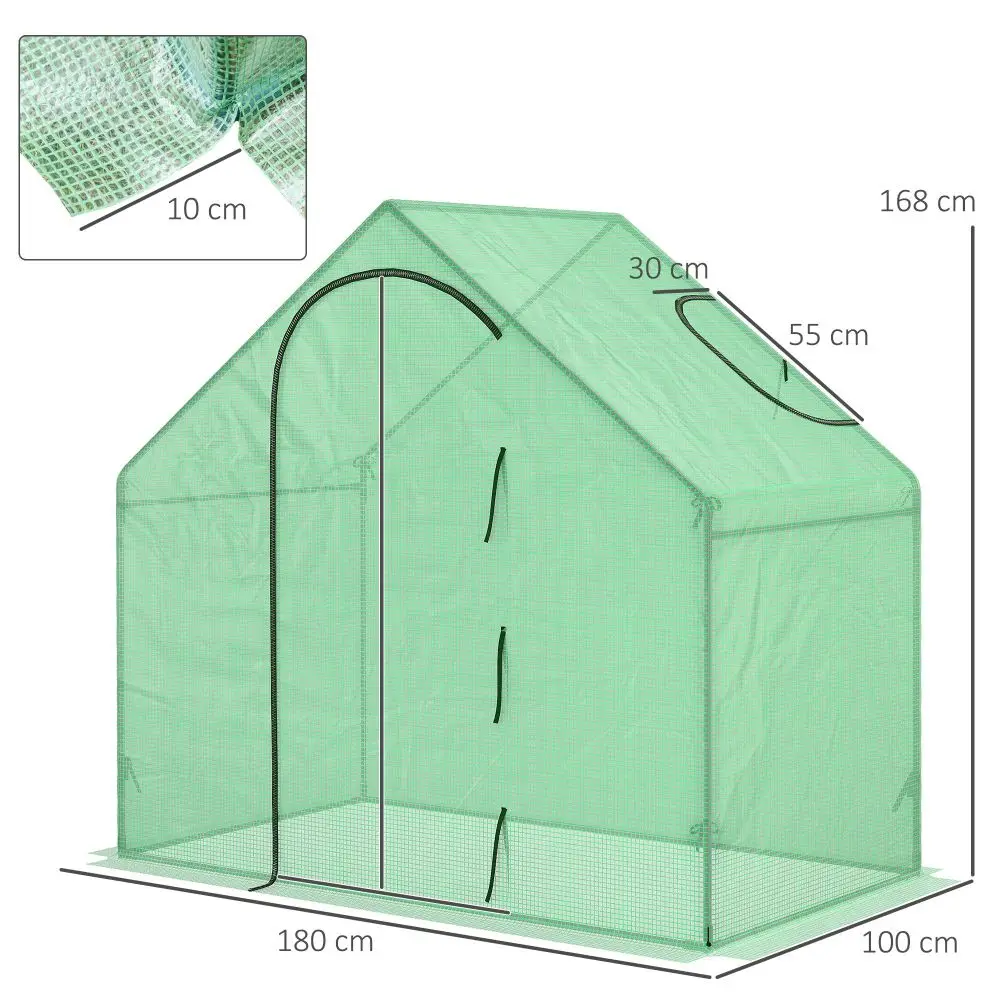 Roheline kasvuhoone aknaga, PVC katte ja vastupidava terasraamiga, mõõtudega 180x100x168 cm. See pakub ideaalset keskkonda taimedele aiatöödeks.