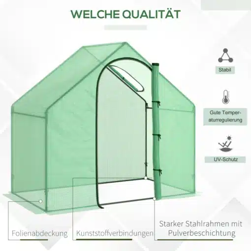 Kasvuhoone aknaga, PVC katte ja terasraamiga 180x100x168 cm | E-pood Tootemaailm Roheline kasvuhoone aknaga, valmistatud PVC katte ja tugeva terasraamiga, mõõtmetega 180x100x168 cm, asub valgel taustal.