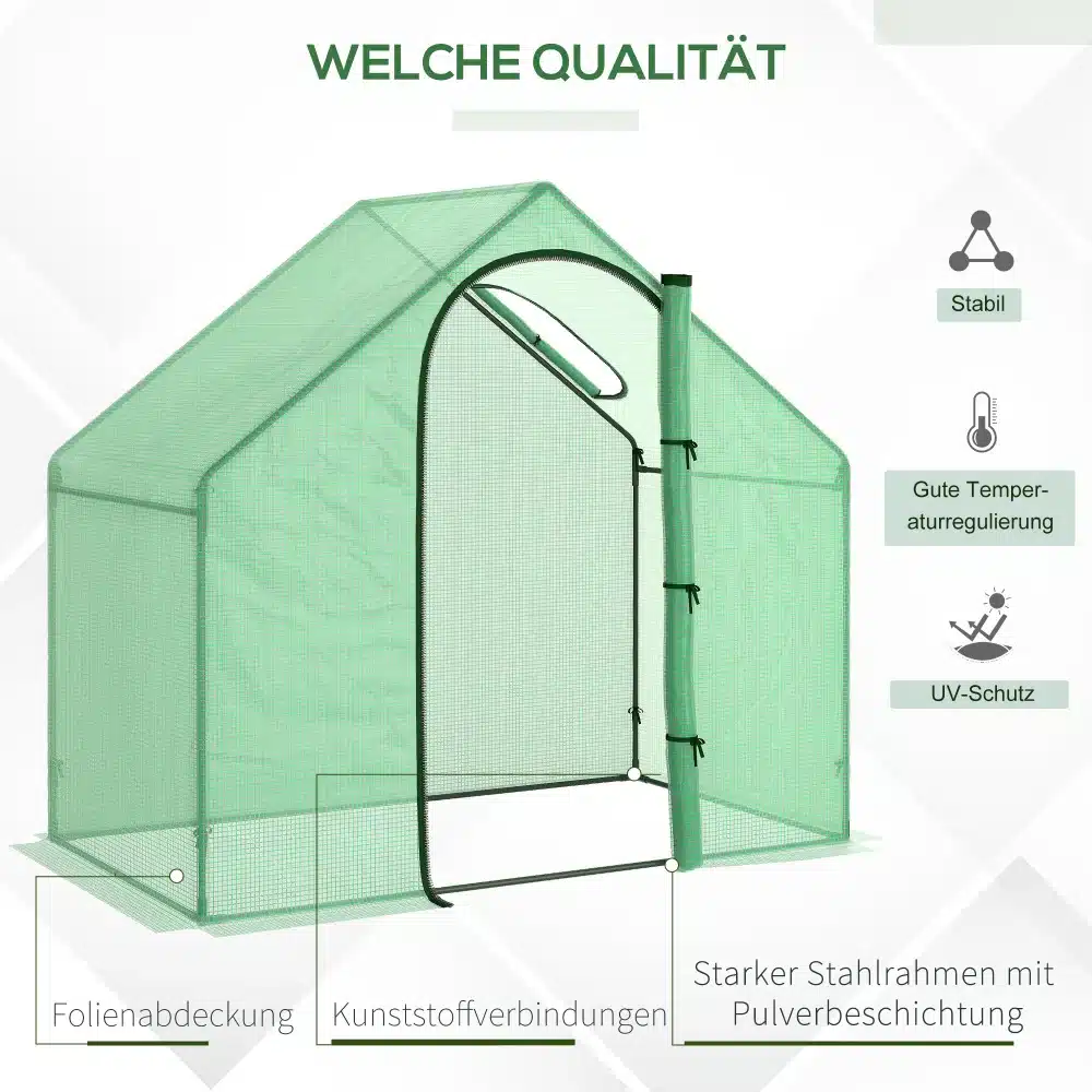 Roheline kasvuhoone aknaga, mõõtmetega 180x100x168 cm, koos vastupidava terasraamiga. Kasvuhoonel on PVC kate ning see asub neutraalsel taustal, mis toob esile kvaliteedi ja funktsionaalsuse.