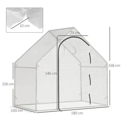 Kasvuhoone terasraamiga, rullukse ja katuseaknaga 180x100x168, läbipaistev kattematerjal, mustad terasraami jooned, valge taust.