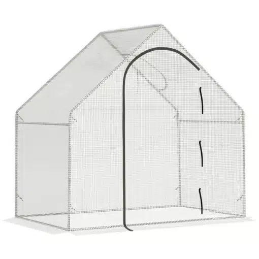 Läbipaistev kasvuhoone terasraamiga ja rulluksega, 180x100x168 suuruses, millel on katuseaken optimaalsele ventilatsioonile. Taustal on valge, mis toob esile kasvuhoone struktuuri ja disaini.