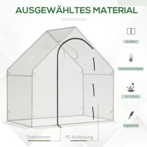 Kasvuhoone tugevast terasraamist koos rullukse ja katuseaknaga, mõõtmetega 180x100x168, esindatud läbi läbipaistva katte, mis on valmistatud vastupidavast materjalist. Kaasas ikoonid, mis kirjeldavad rebenemiskindlust, kuumakindlust, UV-kaitset ja lindude kaitset.
