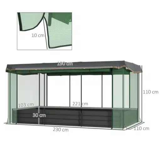 Tõstetud aiapeenar võrguga tsingitud terasest 230x110x110 | E-pood Tootemaailm Tõstetud aiapeenar võrguga tsingitud terasest 230x110x110, mille rohelise varjundiga võrk katab teraskonstruktsiooni, tagades tugeva ja vastupidava lahenduse taimede kasvatamiseks. Peenar on kaetud tugevdatud võrguga, paigutatud lamedale pinnale, otse vaates.