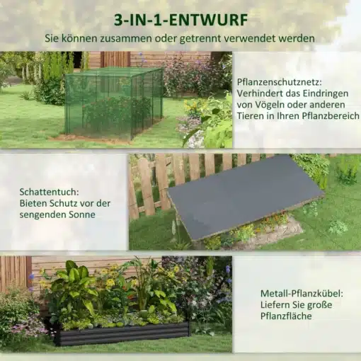 Tõstetud aiapeenar võrguga tsingitud terasest 230x110x110 | E-pood Tootemaailm Kolmeosaline tõstetud aiapeenar, tsingitud terasest raamiga, sisaldab kaitsevõrku taimekaitseks, varjevõrku ja mahukat istutusala. Peenra ümber on lopsakas aed ja puidust aiapiire.