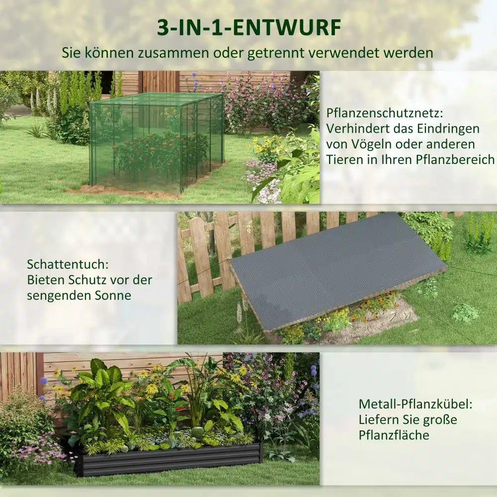 Kvaliteetne tõstetud aiapeenar tsingitud terasest mõõtmetega 230x110x110 koos rohelise võrguga, mis kaitseb taimi lindude ja kahjurite eest lopsakas aias.
