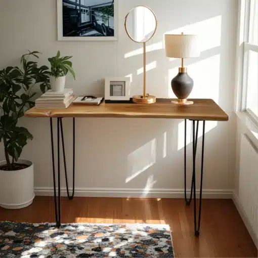 Körge laud täispuidust, mustade metalljalgadega 108 cm | E-pood Tootemaailm Körge laud täispuidust, mustade metalljalgadega 108 cm, mis on paigutatud valgusküllasesse ruumi. Laual on dekoratiivesemed, nagu lamp, peegel ja toataimed, ning see seisab vaibal puitpõrandal.