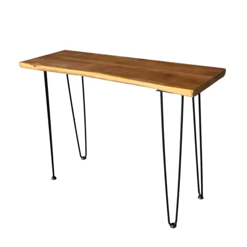 Körge laud täispuidust, mustade metalljalgadega 108 cm | E-pood Tootemaailm Täispuidust kõrge laud mustade metalljalgadega, pikkusega 108 cm. Laud paistab silma oma naturaalse viimistluse ja õhulise disainiga, mis sobib erinevatesse interjööridesse.