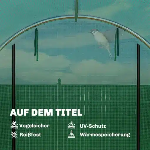 Kasvuhoone tunnel 3x2x2 m, roheline, kahe ukse ja akendega | E-pood Tootemaailm Roheline kasvuhoone tunnel 3x2x2 m, kahe ukse ja akendega, taustal linnu pilt ja illustratsioon UV-kaitse omadustest.