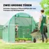 Roheline kasvuhoone tunnel 3x2x2 m, millel on kaks ust ja aknad. Inimene kastab taimi seespool, samal ajal kui teine inimene liigub käru liigutades kõrvale. Kasvuhoone on avar ja pakub ideaalse keskkonna taimede kasvatamiseks aias.