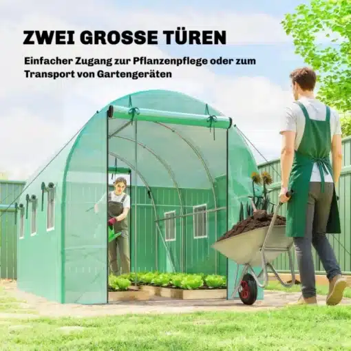 Kasvuhoone tunnel 3x2x2 m, roheline, kahe ukse ja akendega | E-pood Tootemaailm Roheline kasvuhoone tunnel 3x2x2 m, millel on kaks ust ja aknad. Inimene kastab taimi seespool, samal ajal kui teine inimene liigub käru liigutades kõrvale. Kasvuhoone on avar ja pakub ideaalse keskkonna taimede kasvatamiseks aias.
