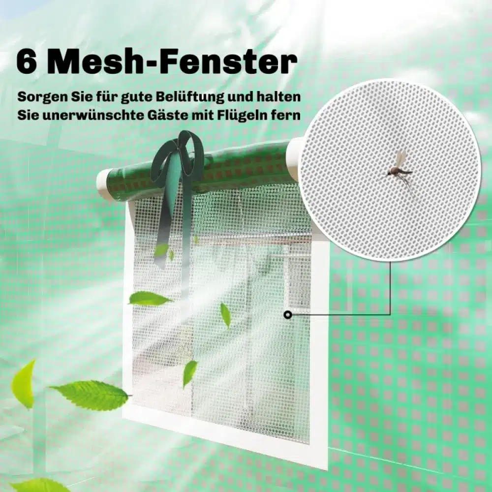 Roheline Kasvuhoone tunnel suurusega 3x2x2 m, millel on kuus võrkkattega akent parema ventilatsiooni tagamiseks ja putukate eemal hoidmiseks. Tuule liikumine ja rohelised lehed nähtavad taustal.
