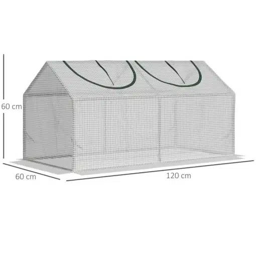 Kasvuhoone PE kattega, rullakendega, 120x60x60 cm | E-pood Tootemaailm Kasvuhoone PE kattega, rullakendega, mõõtudega 120x60x60 cm, valge läbipaistev materjal, mis sobib ideaalselt taimede kaitsmiseks ja kasvatamiseks. Taustal vaba ruum, mis toob kasvuhoone esile.